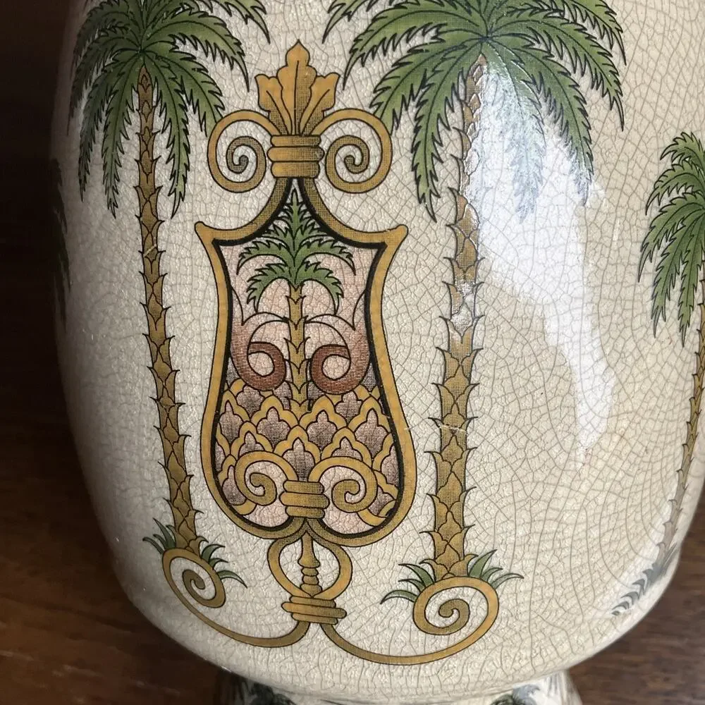 Vintage 2001 Ceramic crackle glaze Vase with Palm Trees 14- 1/2